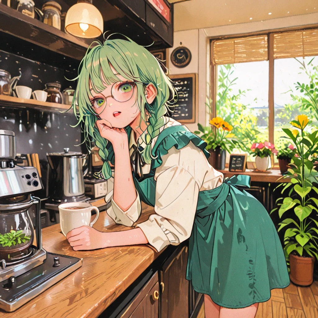 (high res, 8K, masterpiece, looking at viewer, best quality, very aesthetic, ultra detailed, ultra background, ultra Eyes) intricate details, 1girl, Tatsumaki, Chocolate Dasters, Carrying the baby, Sit on the chair, Drink warm tea, green short hair, green eyes, smile face, Cheeks Flushed, Background Backyard, Mountain, Cinematic Angle