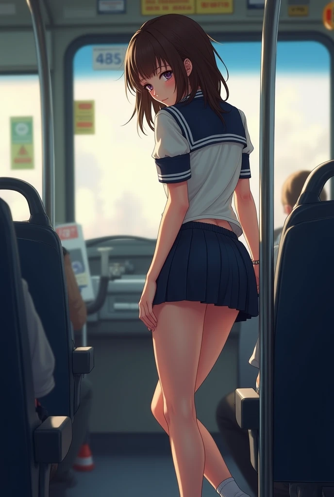 ((Highest quality, 8k, RAW Photos, masterpiece :1.3)), (Realist、Realist:1.37), very detailed, crowded train, girl using school uniform, hands on skirt, ass focus, lifted skirt, lifting skirt, showing ass, ass, showing panties, bent over, nsfw, medium ass, showing butt