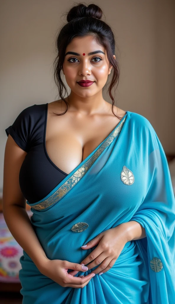 Step-by-step,  eye focus, highest quality, High detail RAW color photo, full body, of (gorgeous 40 year old indian milf), (clothed:1.2), (wearing black blue and gold saree and panty:1.2), standing, indoors, (inside world war 2 fitting room), large breasts, visible, big ass, perfect face, alluring eyes, (detailed skin, supple skin pores), [goosebumps], [freckles], [beauty marks], shallow depth of field, natural lighting, diffused soft light, (side lighting:0.3), [film grain], photographed on a Canon EOS 5D, 105mm macro lens, F/8 aperture, fashion photography award-winner, ((SFW))