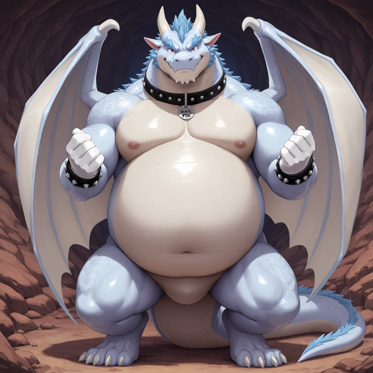 Fat Druddigon Gargoyle, pokemon style, rigid, angular, face is crimson, blue body, fat yellow belly. Perching, kicking belly, loin cloth arms up