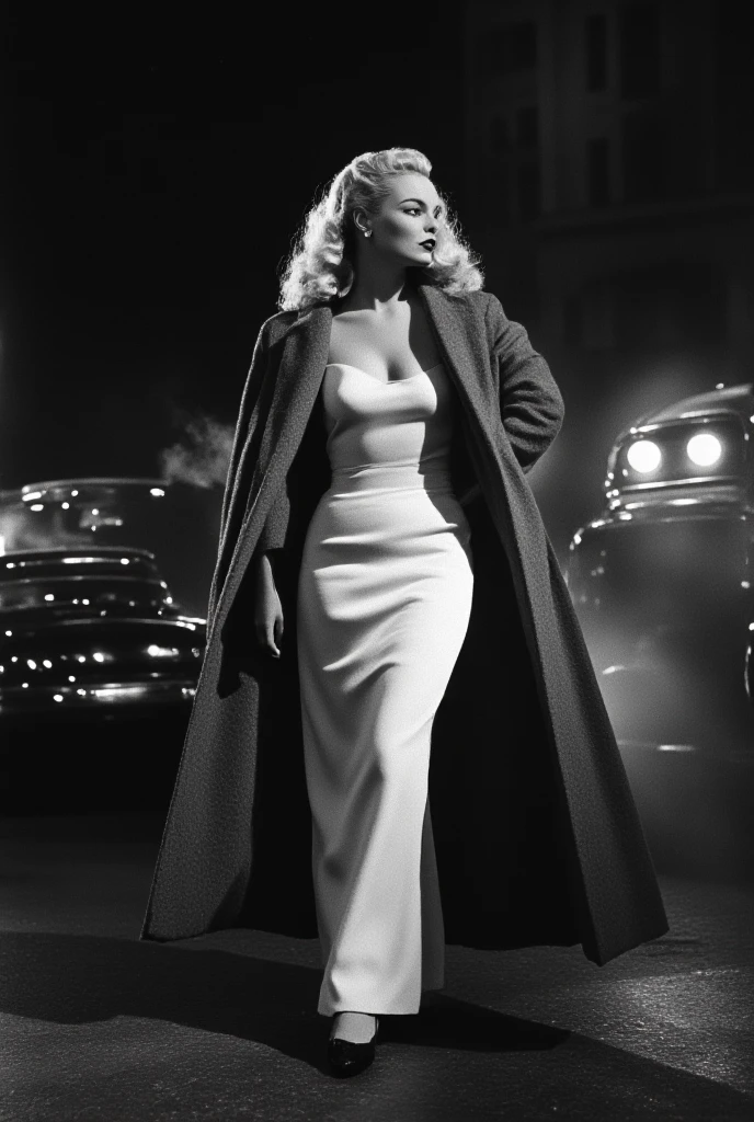A black and white photo of Catherine standing at the edge of a private helicopter, the city skyline visible in the background.,Basic Instinct,Catherine Tramell, the enigmatic character from “Basic Instinct,” is portrayed with a striking and seductive appearance, characterized by her icy blonde hair, sharp features, and a confident, almost predatory poise. Her wardrobe is sophisticated and alluring, often consisting of sleek, form-fitting dresses that enhance her manipulative charm and commanding presence. Personality-wise, Catherine is intelligent, articulate,