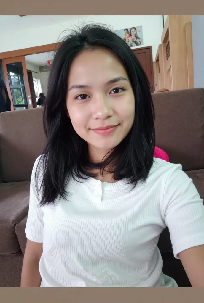 cowboy shot,  masterpiece, beautiful, (1girl, freya jkt48, lips, black eyes, closed mouth, smile, photorealistic), looking at viewer, Black shirt, huge breast, breast grab, bathroom,