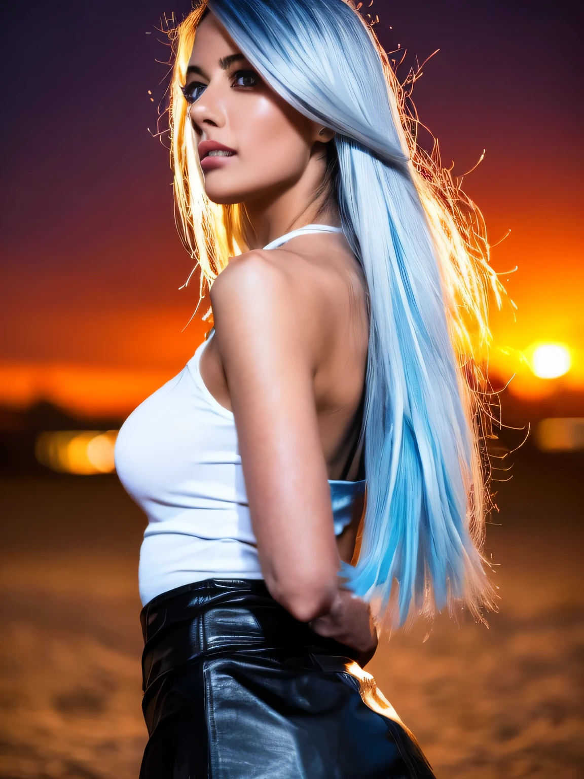 nsfw、Highest image quality、high resolution、Photo Quality、woman standing in the desert、Gentle expressions、adult expression、((bluish silver hair))、semi-long hair、ponytail、A straight nose、White see-through camisole、((( black leather tight skirt)))、Miniskirt、white leather short jacket、 has a sword that glows red、lightsaber、Sunset in the Desert、at dusk、blue-purple sky 、Strong backlight、the wind is blowing
