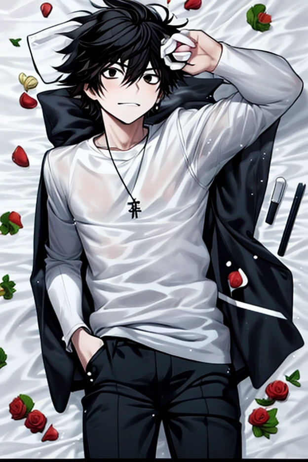 anime style drawing of l lawliet, death note style, anime boy, anime style, Lawliet L, male anime style, Lawliet L hairstyle, emo black hair, black eyes, emo, eyebags, hot, sexy, lawliet L lying dakimakura style