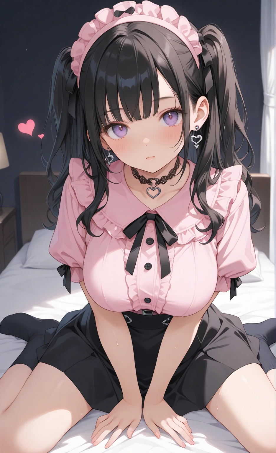 (best aesthetic,best quality,ultra high res,insanely detailed,exquisite,absolutely resolution,explicit),BREAK,(((perfect anatomy,perfect proportion,artstation female body))),BREAK,(detailed beautiful jewely catchlight gradient slant eyes),ligne claire,gleaming skin,BREAK,nsfw,horny presenting,fall into pleasure,wistful look,orgasm,BREAK,(cute erotic toddler gal,),prostitute,BREAK,small baby face,childish and super cute,((((blush)))),BREAK,peerless super Bishojo,peerless super beautiful girl,super Kawaii,BREAK,low body size,short stature,slender,BREAK,(((((jirai kei))))),BREAK,(black and purple ((streaked hair))),(((((double bun long twintails hair))))),BREAK,((shiny glossy metaric beautiful hair,gradient hair)),BREAK,((medium breasts)),((puffy nipples,erectile nipples,long nipples,huge areolas,bare breasts)),BREAK,(((((jirai fashion))))),(jirai fashion with black and pink:1.2),(frilled polka dot thigh high knee socks:1.4),zettai ryouiki,high heels,No panties,BREAK,love hotel,(on the bed,arms bhind back:1.4),evening,(sweet pussy,show off pussy:1.3),(dripping love juice:1.3)