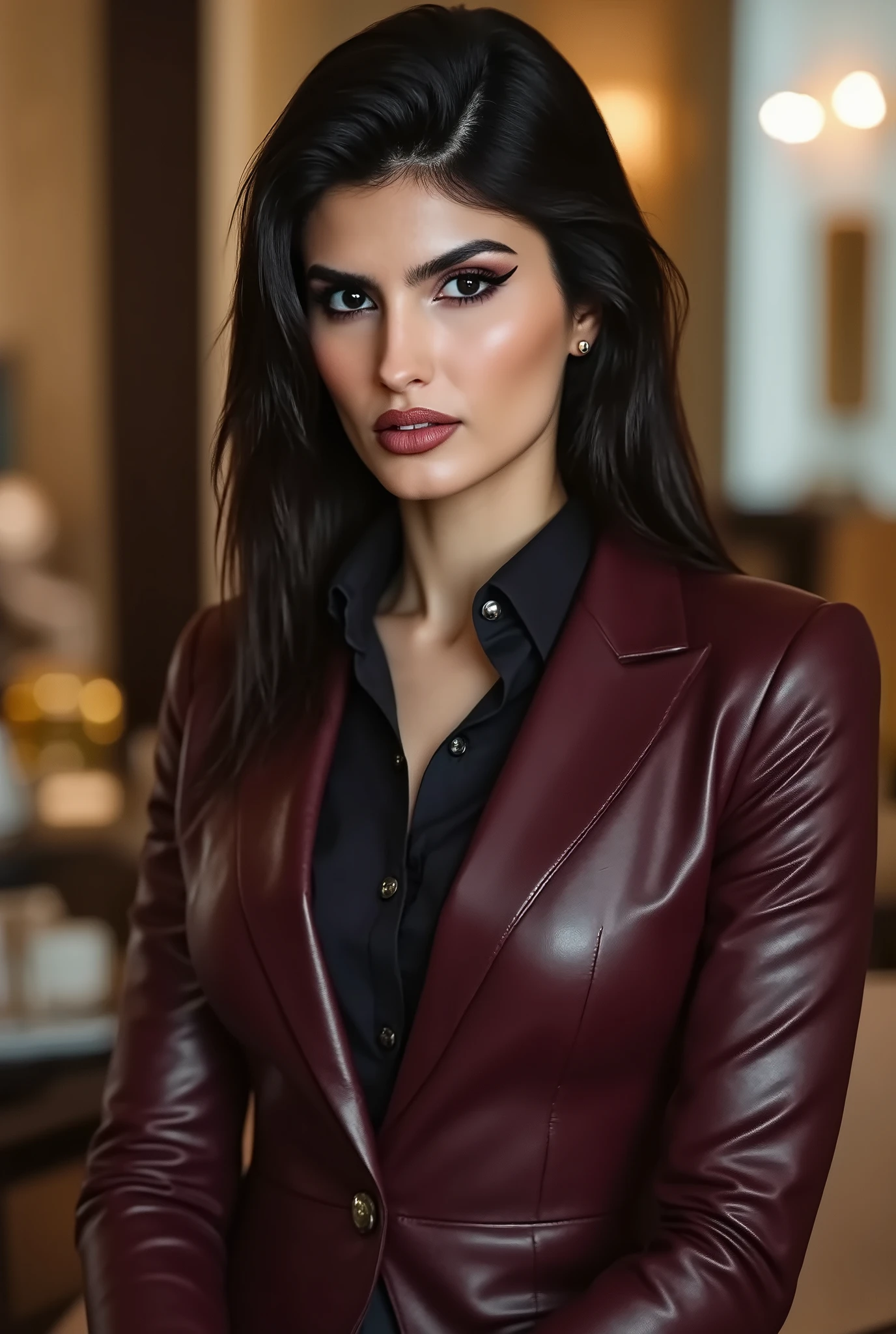 full body image of yaelar15v1flx, a beautiful brazilian female business executive wearing an bordeaux leather Armani business suit with a open black buttondown shirt, dark slick back hair, strong seductive makeup, bedroom eyes, romantic lighting, a corporate photography, top executive office in the background, godrays
