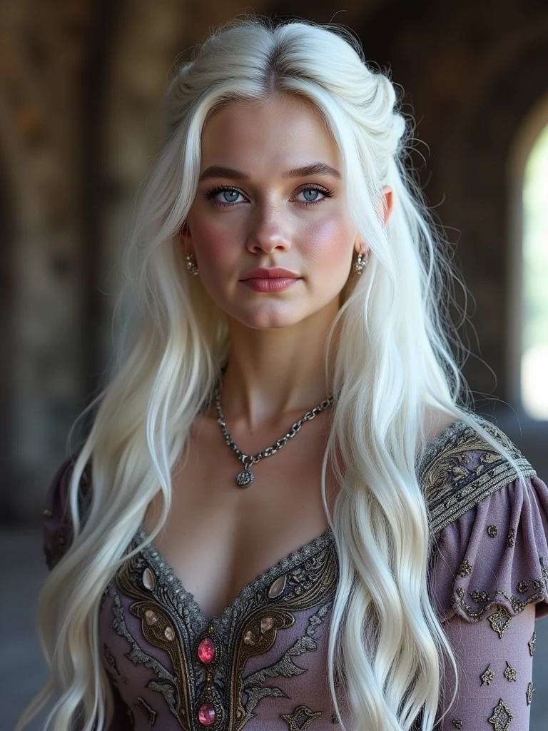 female viking warrior queen, slim fine face, white hair, delicate ornamental metal and fur lingerie, perfect ultra-detailed face