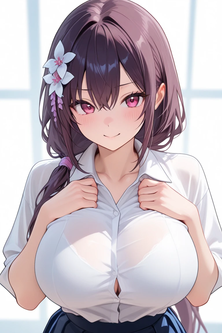 masterpiece, highest quality,One Girl,honkai_(series),shirt, head_ribbon,green_ribbon, Side Lock,With collar_shirt, smile, hair_ornament, hair_intake, honkai:_star_rail, ribbon, Open_Clothes, School_uniform, alone, hairclip,nsfw,White classroom,shirtを脱ぐ,