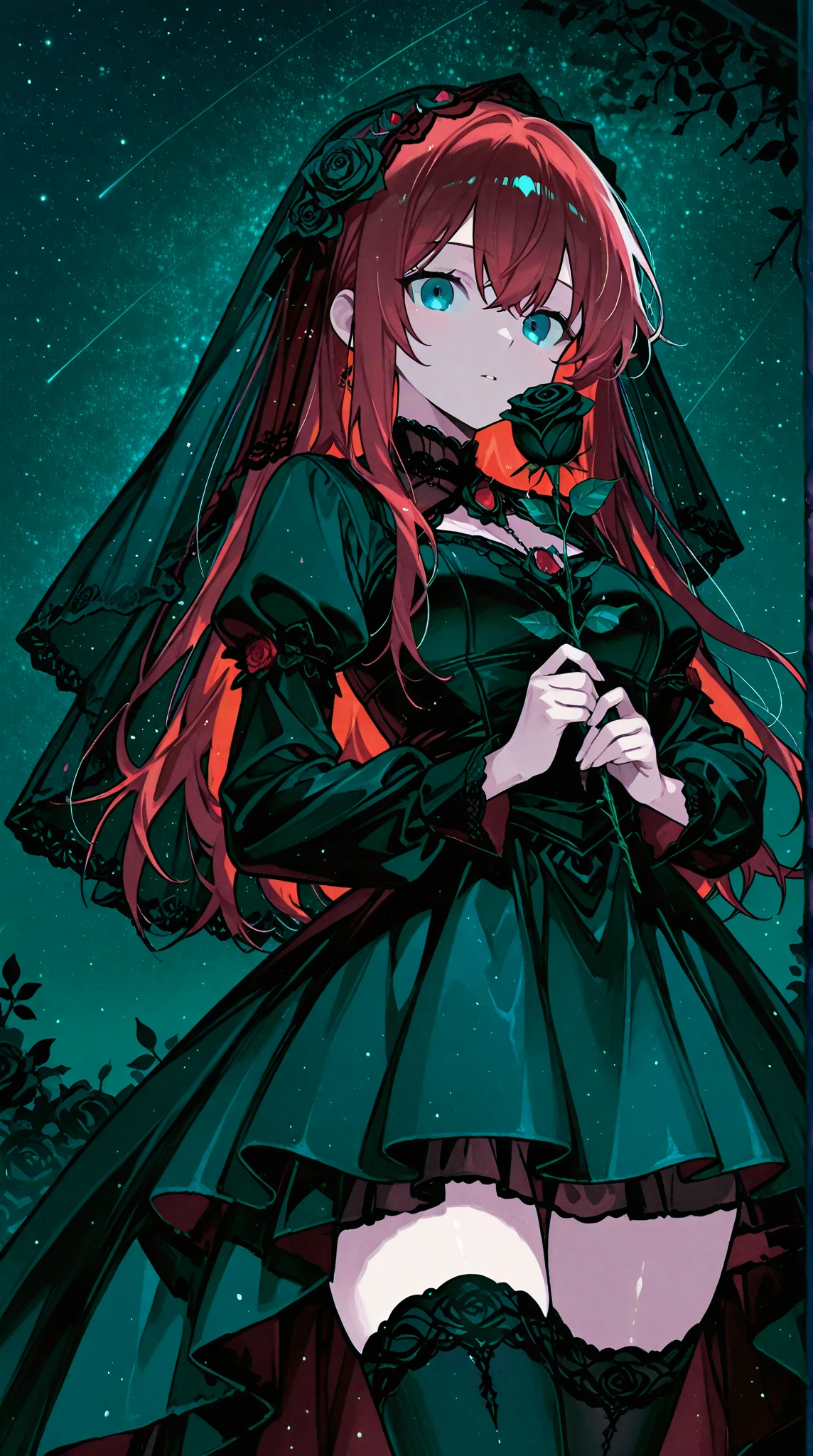 Cold girl, wearing gothic dress, butterfly wing, very long red hair, purple eyes, wearing eye patch