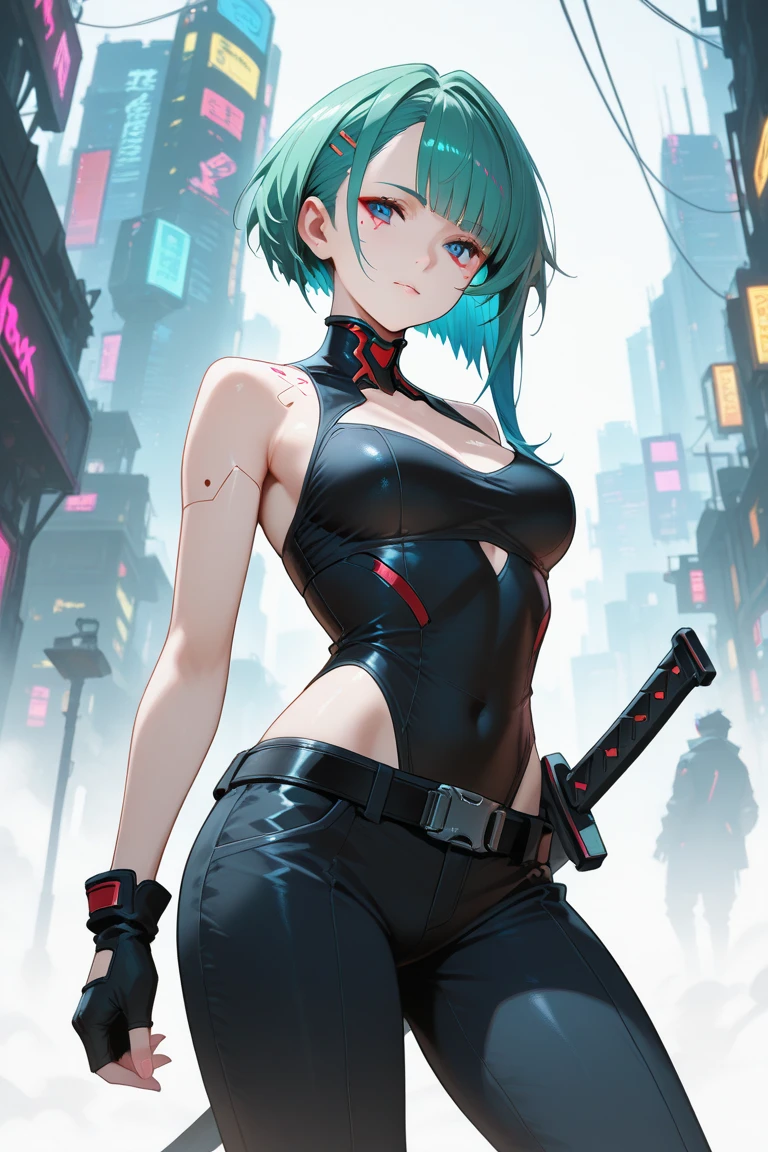Mercenary pants,1 evil woman,green hair,bowl cut,red eyes,upperbody,saggy breasts,cyberpunk,psychopath smile,evil smile,(grey skin:1),terror,portrait,face,drooling,saliva trail,detailed face,hiquality