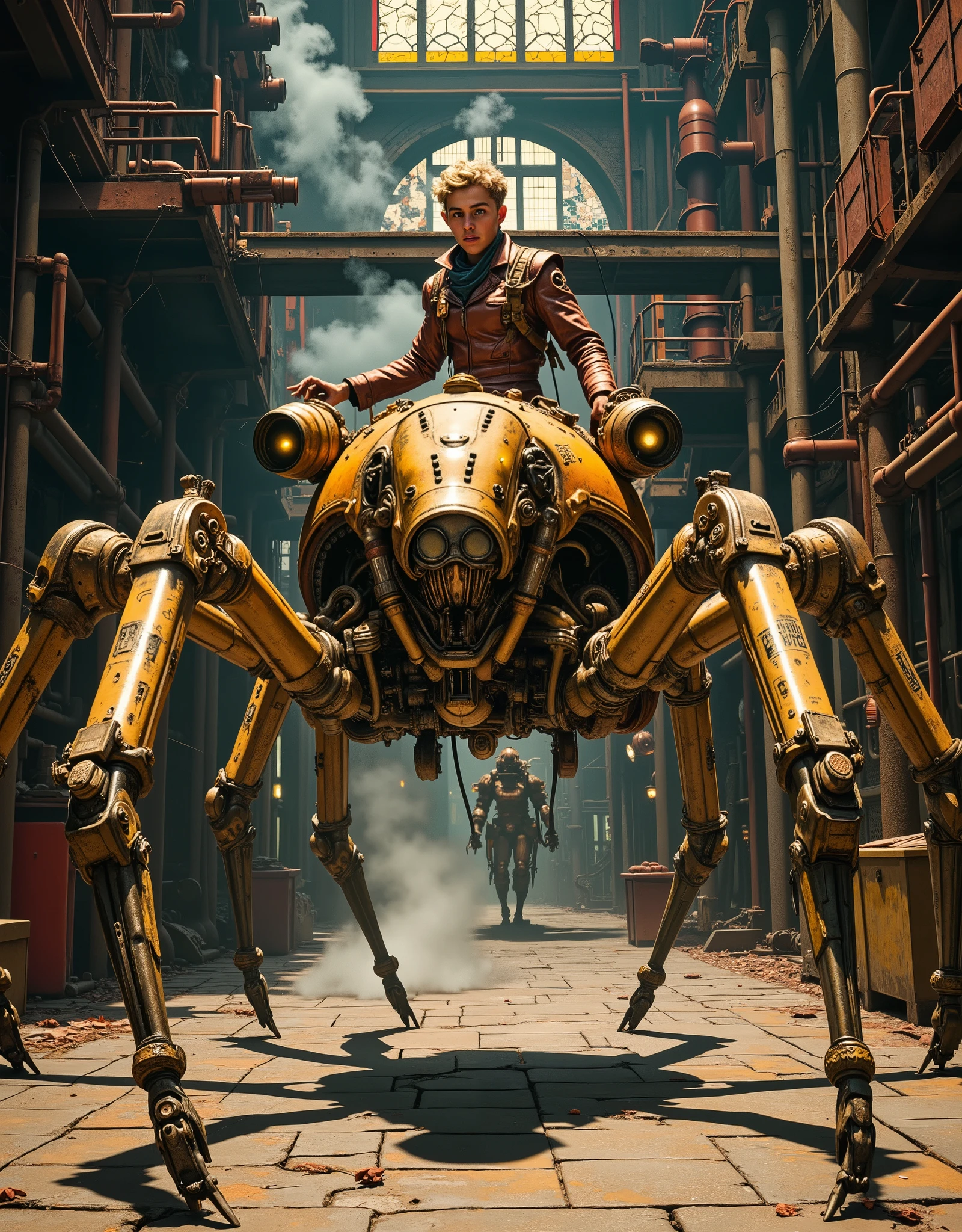 Steampunk, dynamic scene. A huge spider robot made of brass and wrought iron rushes across the stone floor of an abandoned factory, sparks flying from under its screwdriver feet. 8 long mechanical limbs with articulated joints, each ending with a sharp spike or tool (screwdrivers, wrenches, cargo grips). The head is narrow, with faceted glass eyes emitting a dim yellow glow (like old gas lanterns). The back is equipped with a reinforced saddle made of leather and brass plates, with straps and control buttons. The robot is running rapidly, its legs throwing off sparks from hitting the stone, and clouds of steam are escaping from the ventilation grilles. On the back is a young adventurer engineer in a leather and metal suit with goggle glasses on his forehead.
He holds himself confidently in the saddle, clutching the control lever with one hand and the schematic map of the plant with the other. There are rusty gears, smoking pipes, and broken stained—glass windows all around. There's an oil mist in the air, and emergency lights are flashing somewhere in the dark. An abandoned steampunk—era mechanical factory is a huge workshop with high ceilings covered with a web of rusty pipes and wires. The stone floor is riddled with cracks, through which dim steam from machines still working somewhere in the distance makes its way. A light oil haze hangs in the air, and light breaks through the broken stained glass windows with copper frames. Light: Contrasting — warm highlights on metal and cold shadows in the depths of the workshop. Colors: Copper, bronze, ochre, with patches of dark soot and green patina. Mood: Mystery, speed, industrial grandeur — the mount is not just running, but running away from something or rushing towards the goal.The style is detailed steampunk with contrasting light, an atmosphere of intense escape.
