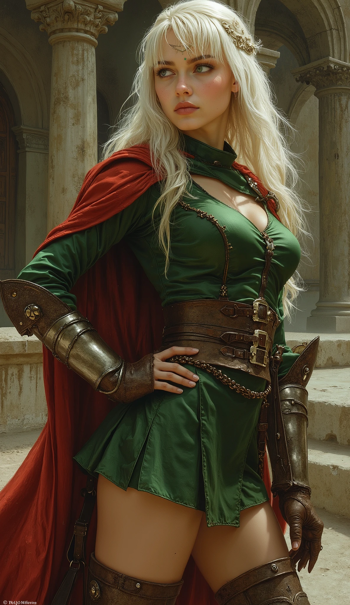 A young woman, a fantasy imperial military officer, with long platinum blonde hair and choppy bangs, crescent-shaped eyebrows, sharp piercing eyes, and a delicate oval face wearing a serious expression. She is clad in a green fantasy-style military uniform with a matching short skirt, a crimson waist-length cloak, and leather long boots featuring silver greaves. Posing with one hand on her hip, head tilted upwards, looking down with a commanding presence. Style: Epic fantasy film still from the 2000s, hyper-detailed character portrait, cinematic lighting, dramatic low-angle perspective, intricate costume and material textures, masterful digital painting, high fantasy aesthetic, award-winning art.