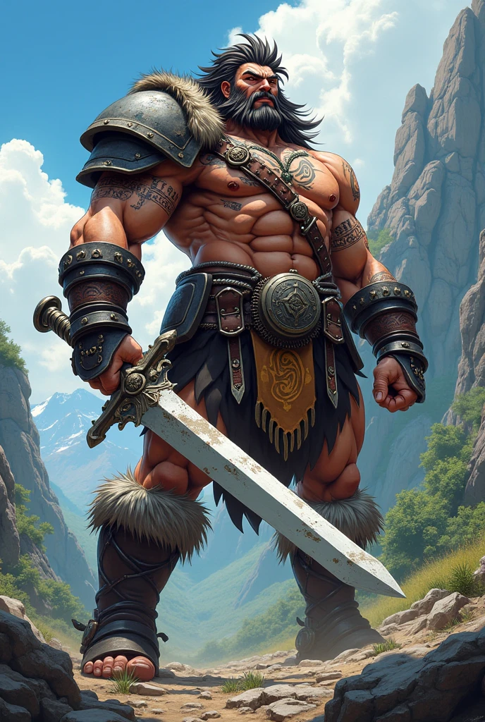25 year old tattooed dwarf holding a giant axe with both hands with long blue hair