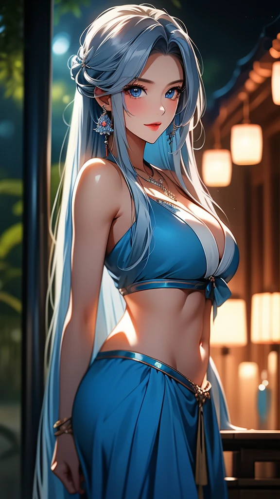 Mulher com cabelos longos azul e azul marinho, faixa vermelha na testa, dois riscos vermelho na Buchechas, In a bra and a short skirt, three feathers together in the straight ear and a large lock of hair on the left and a short lock of hair on the right.