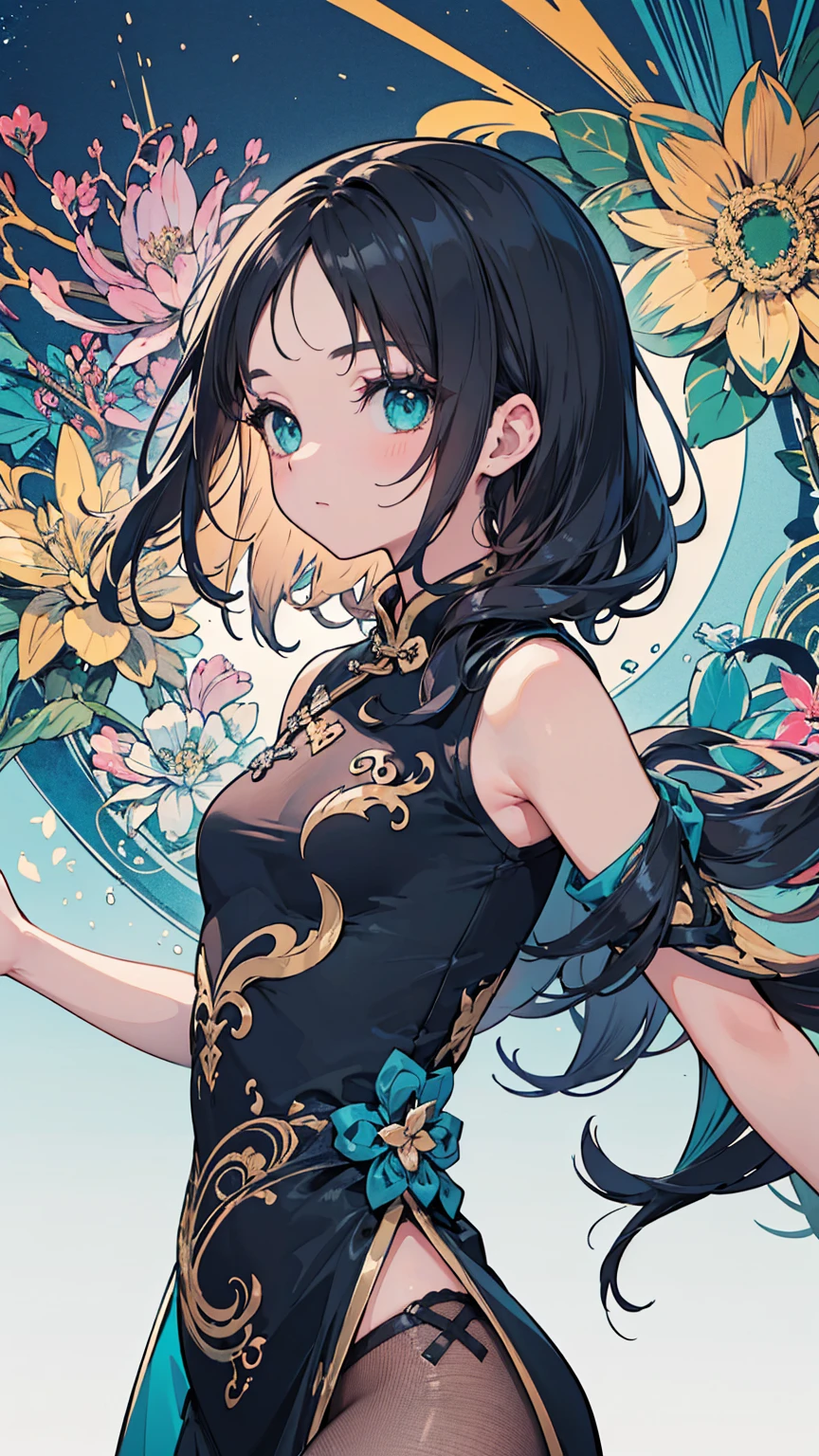 absurdres, masterpiece, best quality, ultra high res,photon mapping,best shadow, portrait, beauty detail, ultra high detail, yangst1, double bun, twintails, leaf hair ornament, black dress, arm warmers, city,downtown, short dress, looking at viewer, solo, professional light, detailed skin,