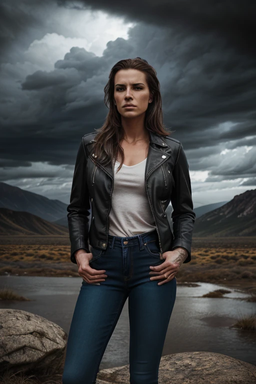 A professional visual FX shot featuring Darkening Skies - Sudden Atmospheric Change for Drama Miranda Cosgrove - Brown Hair photographed posing Slightly Twisted Torso, Hands Behind Back