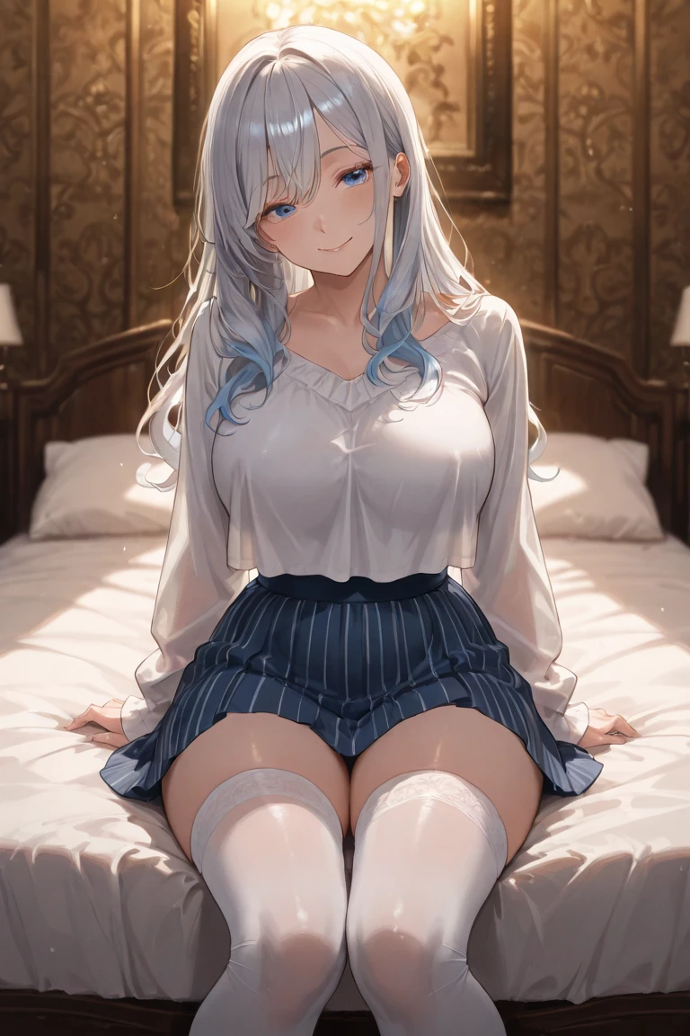 very cute and beautiful girl,(Very detailed美しい顔), (smile),blush,Black Hair,Seraphim,((White Hair、long hair)),(White Shirt、Pleated navy blue pread your legs、Squat)、Sitting、(From below)、(Lace panties), Country road, (Highest quality,masterpiece:1.0),Absurd,High resolution,Super detailed,Very detailed,32K,8k resolution, Intricate details,Movie Scenes,Detailed Background,alone,Dynamic Angle,