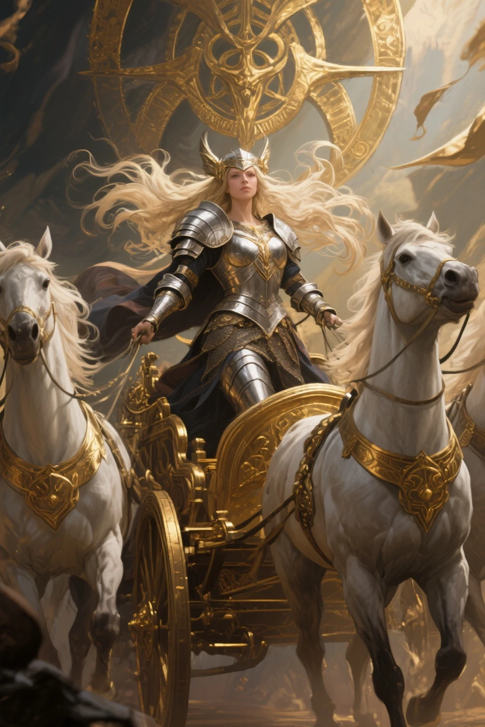 (work of art, 4K), realisitic, 1 girl, breasts big, a warrior riding a horse in golden fields, carrying a sword, comely, detailed facial features, hair elastic, lateral view, extreme wide angle, sunset, Lens flare, ((Depth of field))