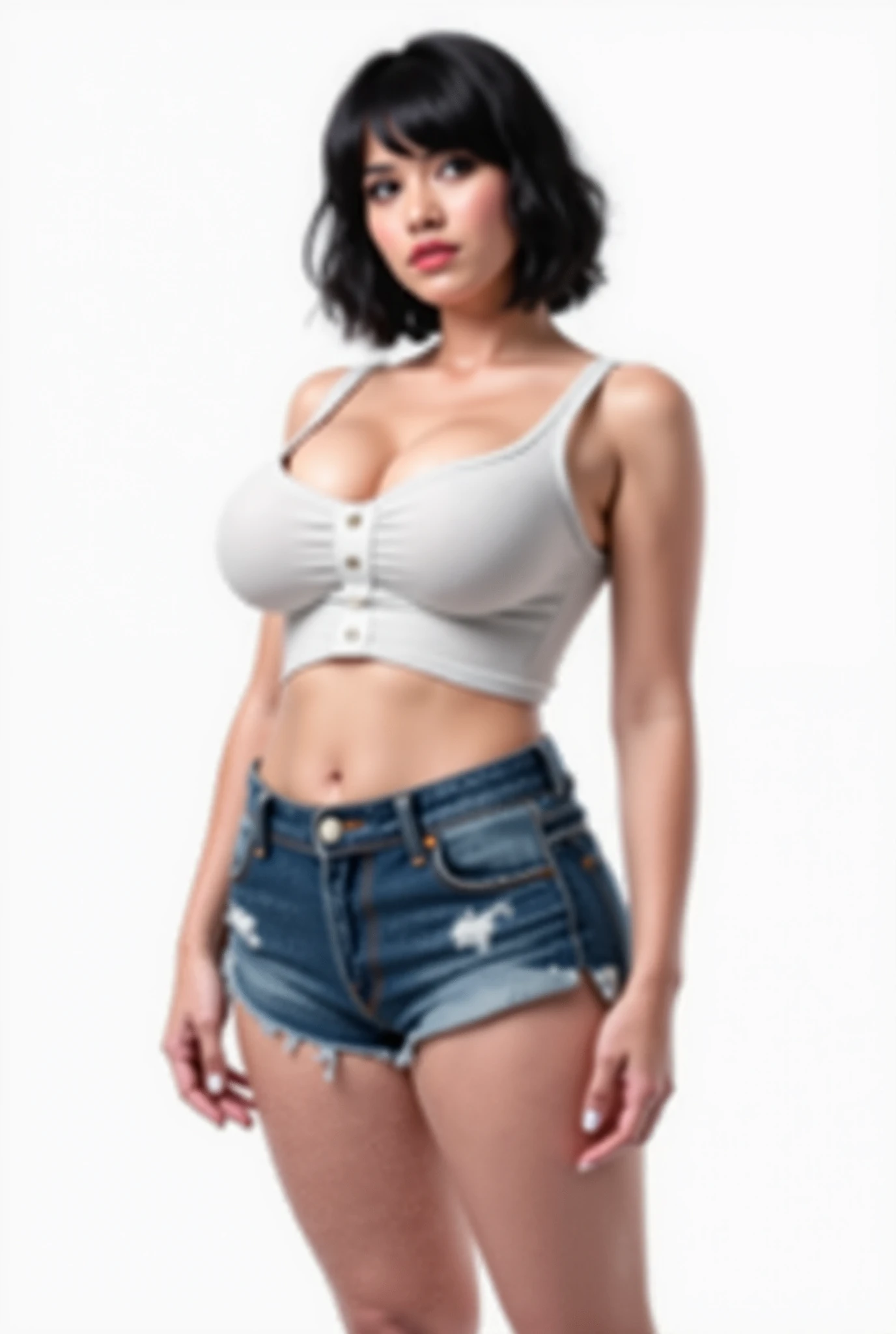 uma mulher linda em um top branco e saia jeans azul muito curta, usando um top cropped sexy, topo de corte, tampo branco, usando topo de corte, top de corte baixo, usando um top cropped, usando um top bonito, usando um topo de corte, wearing v - neck top, wearing white v - neck top, usando um top cropped, Topo de colheita, Roupa aberta v peito, saia curta e sexy tem.