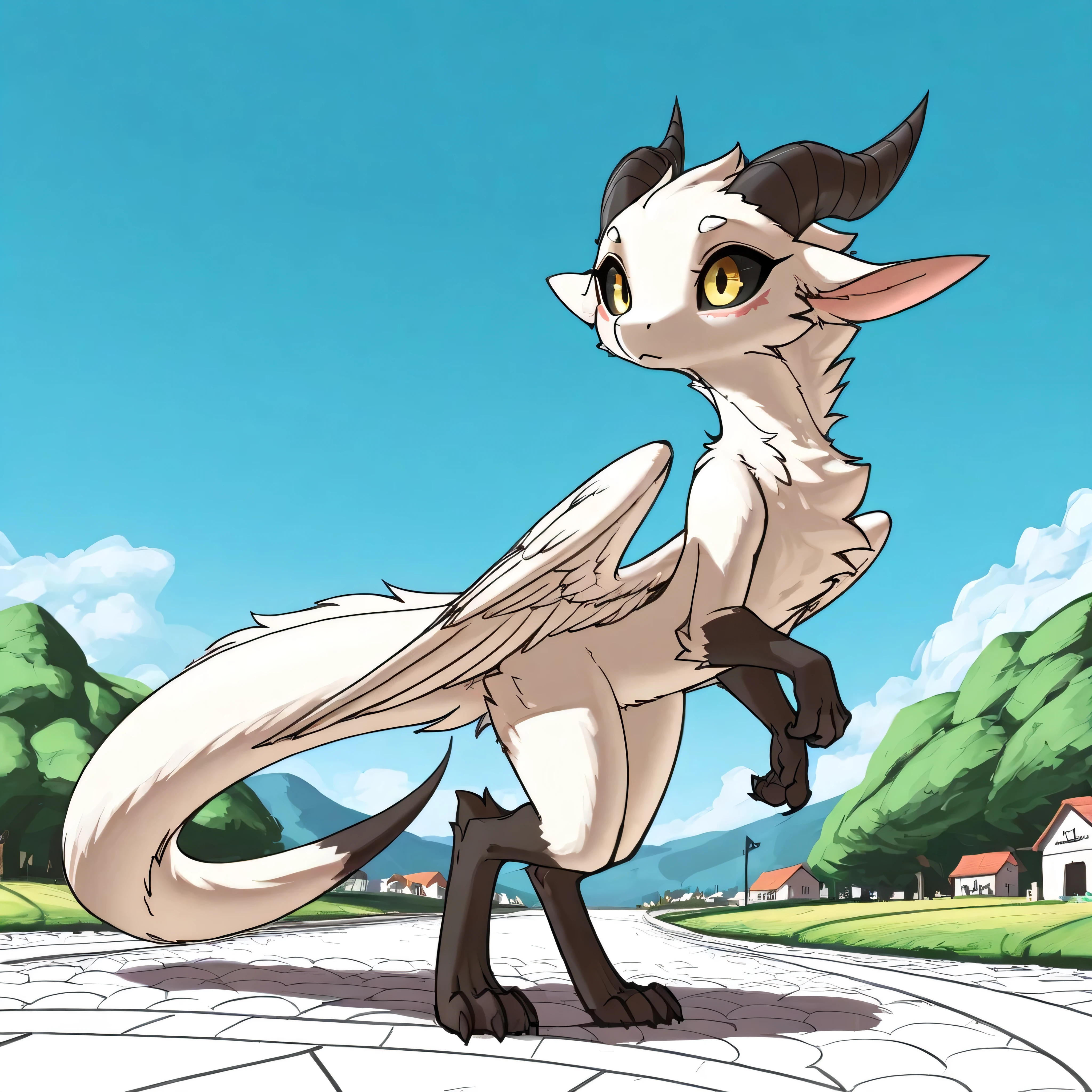 [Furred Dragon - Trendy] [Model-Test*] - by kluclew, by kluclew, by feretta, 2d, sketch, outside, sunny, in a town square, solo, female, dragon, chibi, furred_dragon, angel_wings feathered_glow super_fluffy, dragon tail, digitigrade paws (three toes)(four fingers), gray_fur, white_ur, head_tuft (no hair), horns, black_sclera, yellow_eyes, timid, knees together, crawl, on all_four, soft paw, 