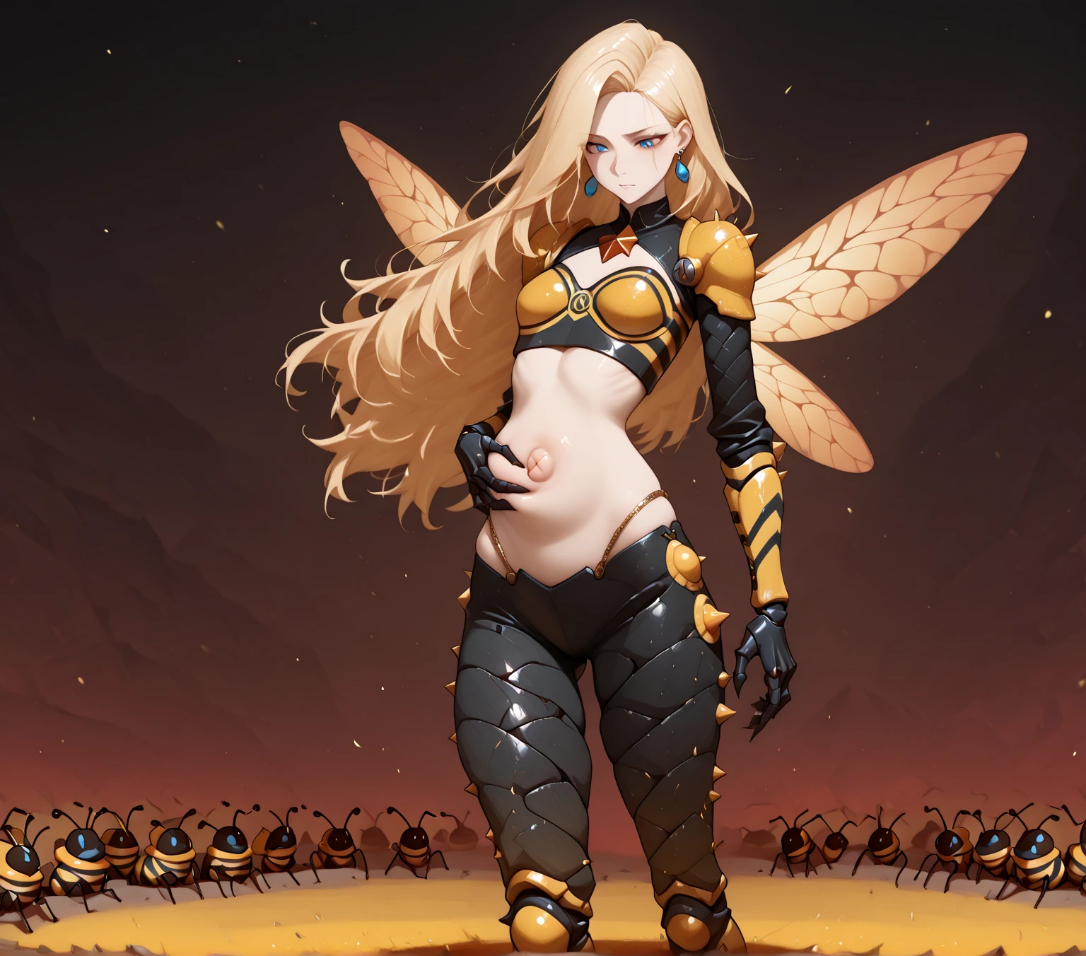 [(white background:1.5)::5], (bottle bottom:0.9), masterpiece,(full body:1.2),(masterpiece, ultra high res, 16k uhd, high quality),1girl queen bee, hybird human and bee, monsters, huge breast, beautiful face,perfect body,