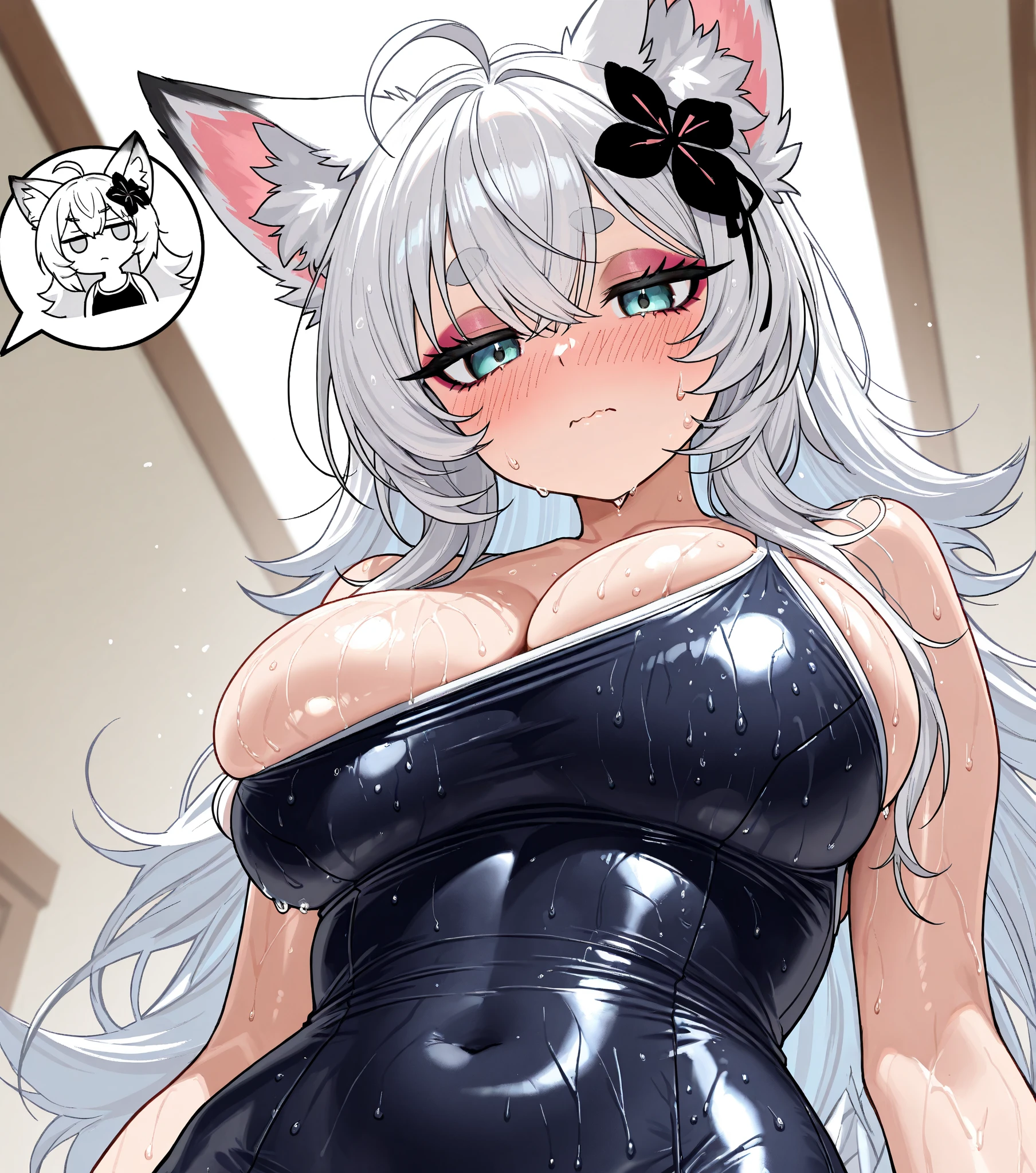 NSFW,(:1.3),(top-quality, ultra-detailliert,:1.3),(Spreise both legs,:1.2),(1 boy:1.05),( 1 girl:1.05),(Having sex:1.2),(big ps:1.0),(plump:beautiful face,pov,(ahegao:1.2),beautiful skin,nude,(wet skin:1.3),(arehind head:1.2),Belly inflation, cuminflation, overeating,coy shot,matsukai mao,full nelson,grab thight sexpose,total 1girl,silver haiwin tail,long hair,dark skin,purple eyes,(cat ears:1.1),Pregnant,Squatting Cowgirl,