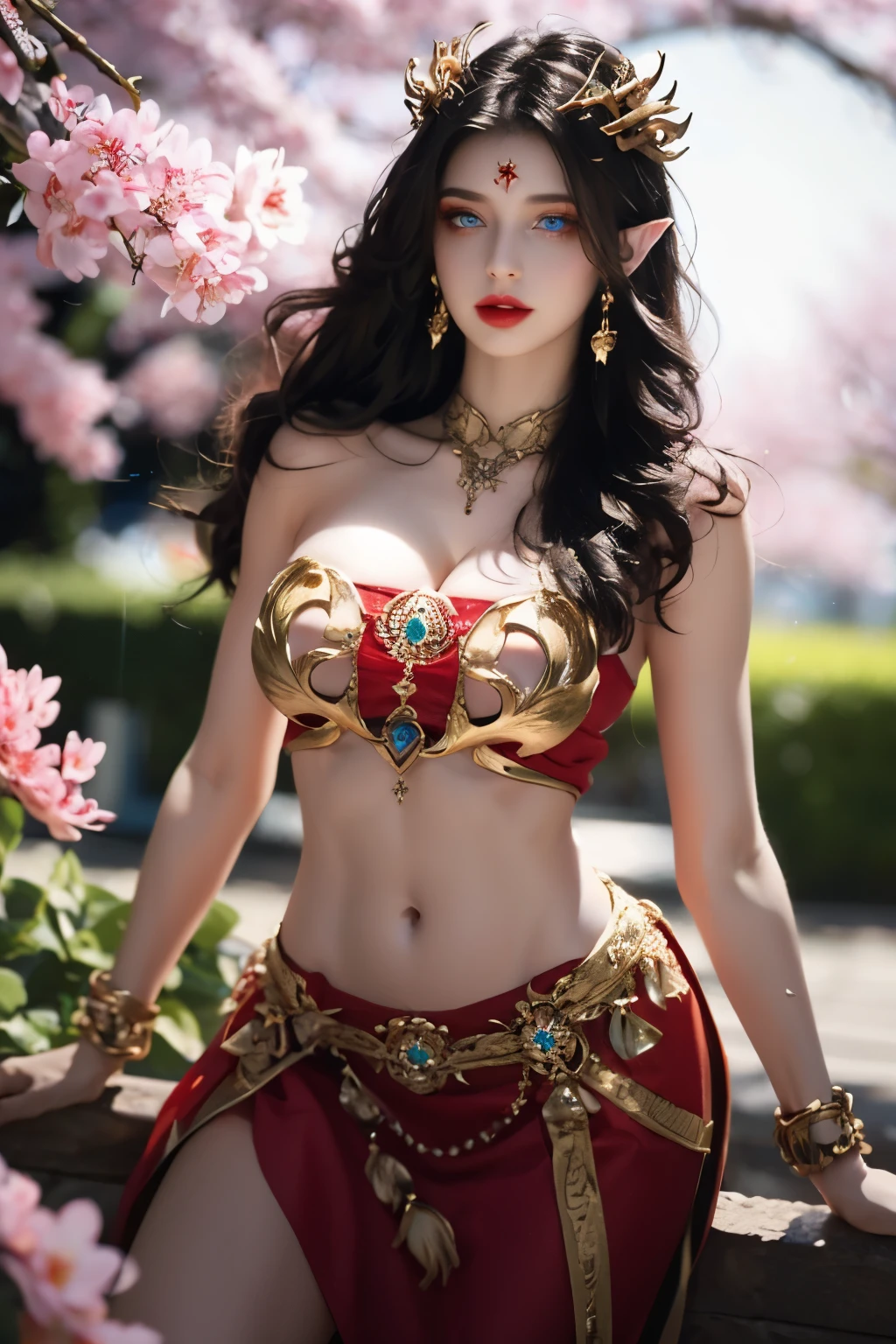 One wearing a red dress,Woman with a crown on her head, Gorgeous Role Play, fantasyoutfit, samira from league of legends, cinematic goddess body shot, alluring elf princess knight, beautiful and elegant elf queen, lady in red armor, beautiful elegant demon queen, fantasy style clothing, Anime girl cosplay, warrior costume, cosplay, ornate bikini armor