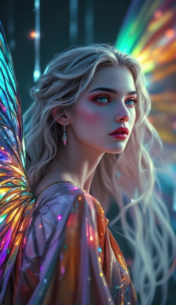 An ethereal female figure with delicate, luminescent wings, surrounded by glowing, magical creatures in an enchanted forest Subsurface skin scattering, shiny skin, iridescent dress, detailed background, ([Elizabeth Olsen|Anne Hathaway|Selena Gomez]:0.8), round cute face, green eyes, close-up, amazing fine detail, Nikon D850 film stock photograph Kodak Portra 400 camera f1.6 lens, rich colors, lifelike texture, dramatic lighting, unreal engine, trending on ArtStation, cinestill 800 tungsten, (the most beautiful art in the world:1.2)