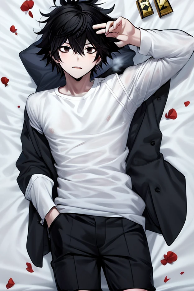 anime style drawing of l lawliet, death note style, anime boy, anime style, Lawliet L, male anime style, Lawliet L hairstyle, emo black hair, black eyes, emo, eyebags, hot, sexy, lawliet L lying dakimakura style, fix eyes, fix hands, fix fingers