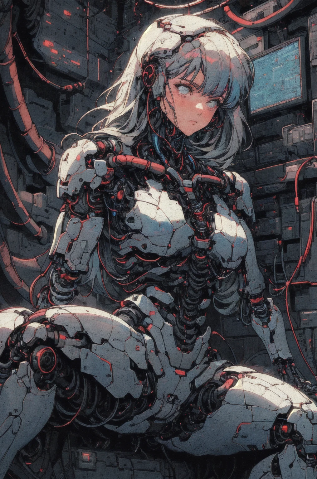 (((Masterpiece)))), (((highest quality)))), ((Ultra Definition)), (Very Detailed Photoreality), ((Very Delicate and Beautiful)), (Delicate and Pretty Face), Cinematic Light, (((1 Girl)), Solo, Full Body, Big, Cleavage Is Visible Skin, White Hair, Purple Eyes, Glowing Eyes, Thighs Exposed Skin, (Mechanical Joints: 1.4), (Mechanical Limbs)), ( blood vessels connected to tubes), (((mechanical vertebrae attached to the back)), ((cervical vertebrae of the machine) attached to the neck)), ((sitting)), expressionless, (wires and cables attached to the head and body: 1.5), (character focus), small LED lamps on the body, Ghost in the Shell, sci-fi, metal, metallic body, detailed neon, hydraulic cylinder
