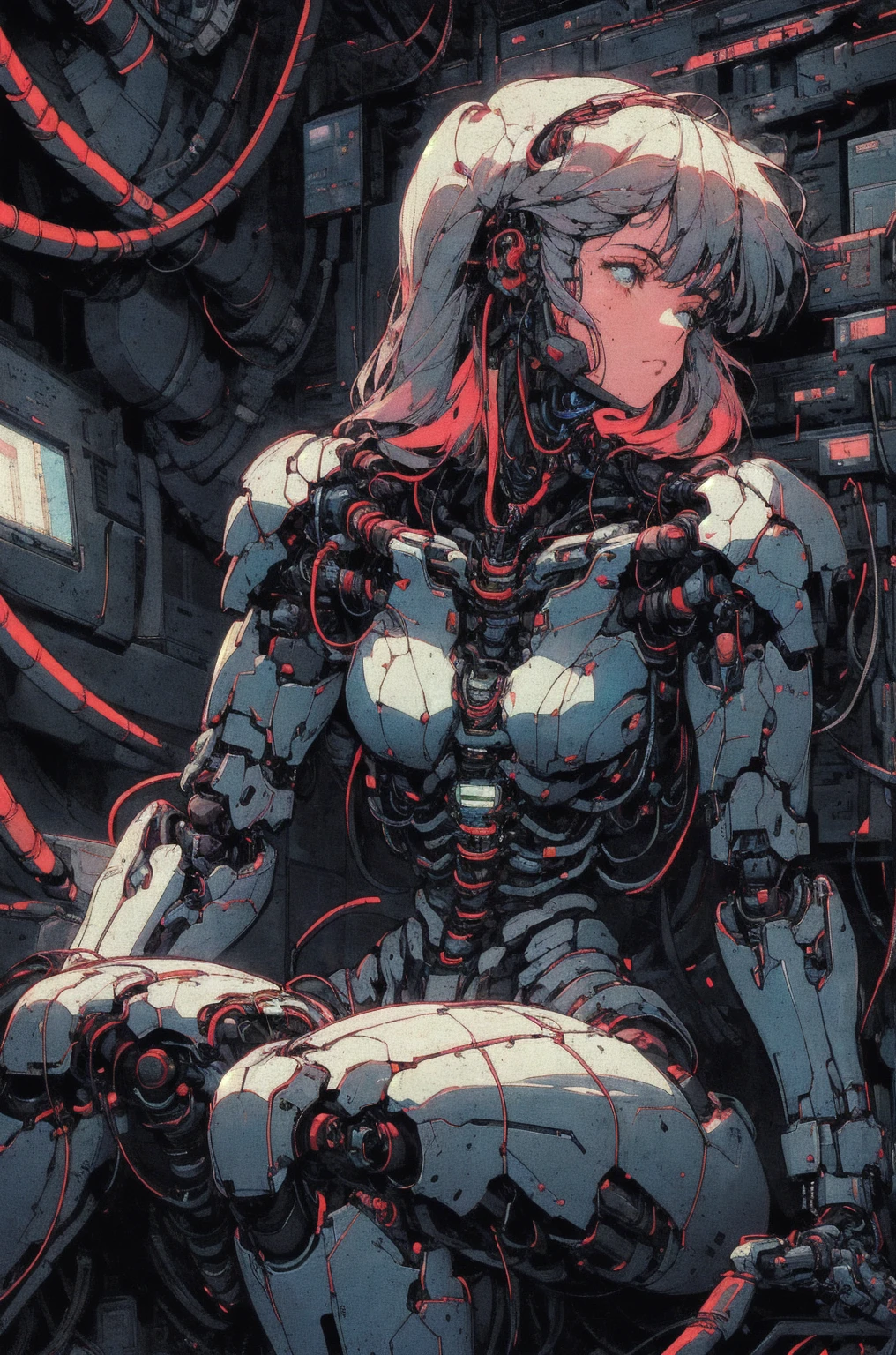 (((masterpiece))), (((Highest quality))), ((Very detailed)), (Highly detailed CG illustrations), ((Very delicate and beautiful)),(Cute and delicate face),Light,((1. Machine Girl)),alone,whole body,(Machine made joints:1.4),((Mechanical Limbs)),(Muscle swelling),(The container is connected to a tube),(Brain in a container:1.3),((Mechanical vertebrae attached to the back)),((Mechanical cervical vertebrae attached to the neck)),((Sitting)),poker face,(Wires and cables attached to head and body:1.5),Small breasts,short hair,(Character Focus),SF,Lying down,Dark shortcuts,Centering shortcuts,A devastated society,alone,