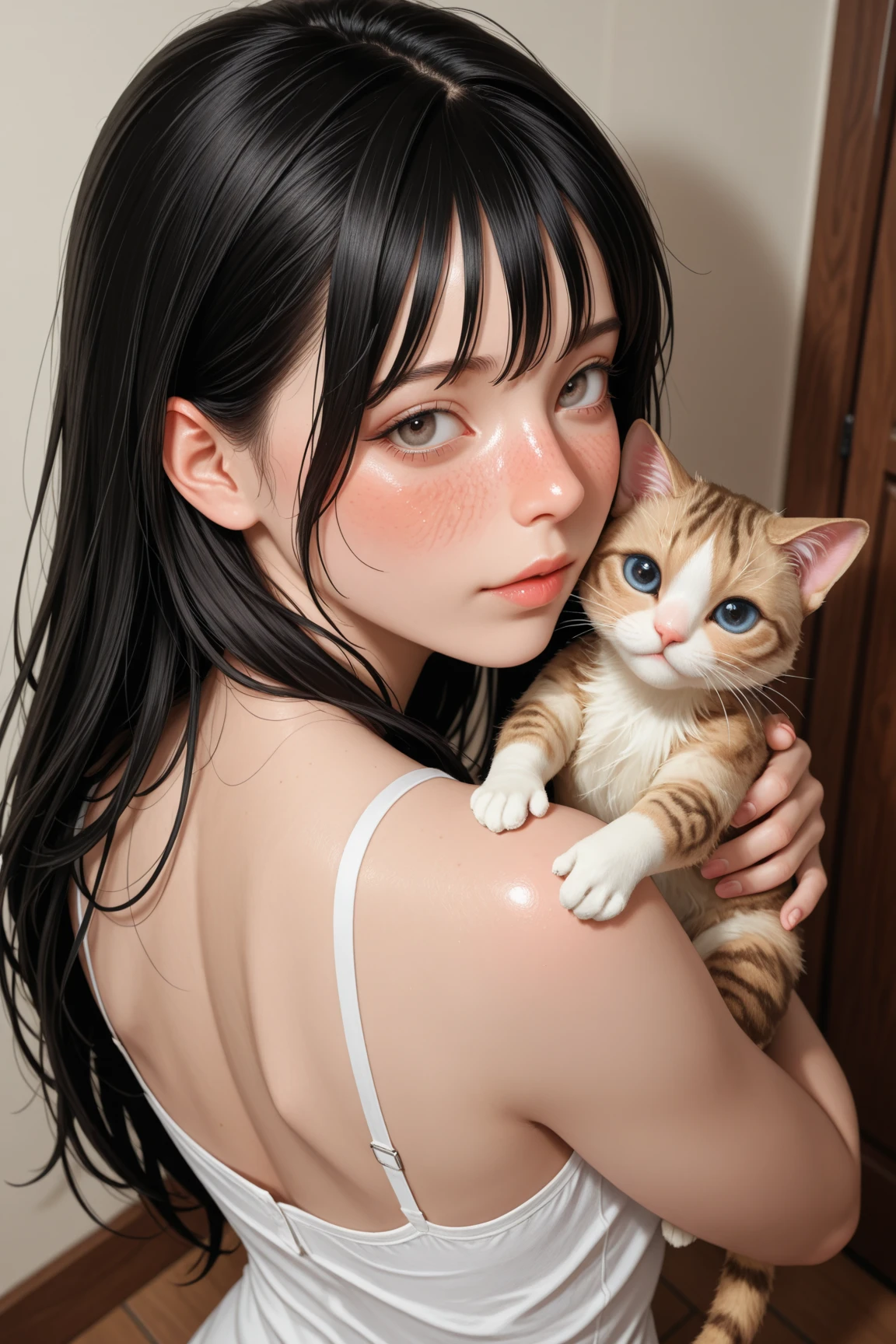 Uma mulher de cabelos cor chocolate, uma moca cabelis longis, solto cor chocolate, uma adolescente cabelo no ombro e cor caramelo, uma gata hranca, feliz, flores, jardim