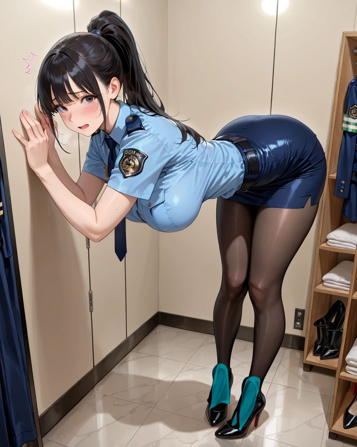 NSFW,masterpiece,Highest quality,High resolution,Very detailed,Baby-faced girl,Young face,Round face,mole,long hair,Twin tails,Short height,Police Officer,hat,Pencil Skirt,pantyhose,Heel,Nightlife,In town,(Molester),Embarrassed,(Lustful face),I feel,(Love juice drips),Trembling,(Middle-aged men),Insert from behind,Creampie,orgasm,Squirting,Spread your legs