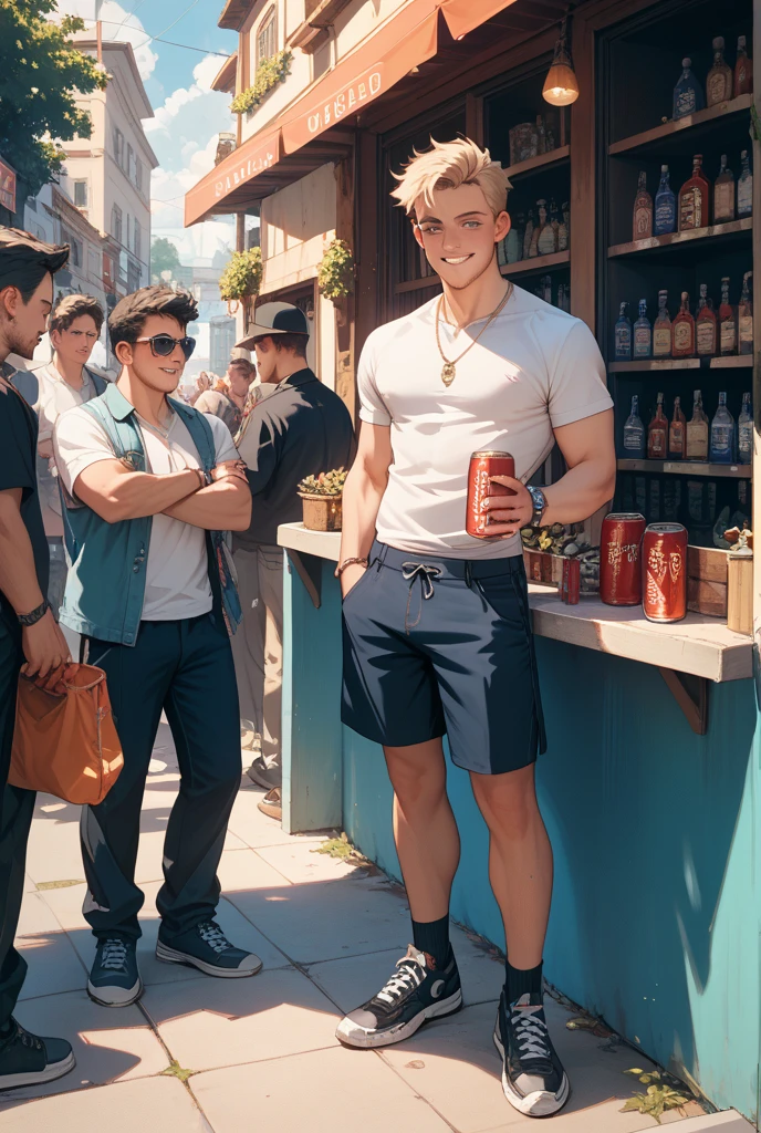 In the iconic art style of henry scott tuke, a hyperrealistic, meticulous illustration of a young, slim, and muscular blond boy with a strong display of leadership body language and perfectly detailed anatomy. He's illuminated by the warming sun, standing barefoot in the center of a victorian gentleman bar with many victorian men looking at him. The blong boy , with strong muscular legs, a peaceful gaze, and a subtly hidden smile, hints at his athleticism, wearing a swimmer's