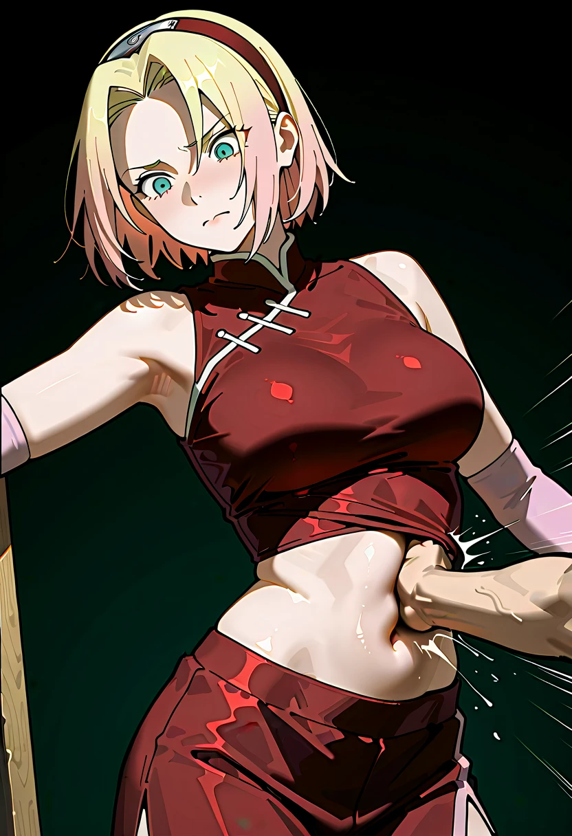 masterpiece,, Highest quality, High resolution, 1 Girl, Has short blonde hair,Red clothes,On the stomach, Top of the crop, (Big Tits 1.4), umbilical cord,Combat Stance,Cyberpunk characters,street、(blush:1.3)、(sweating:1.3)、Ahegao、((Ahegao))