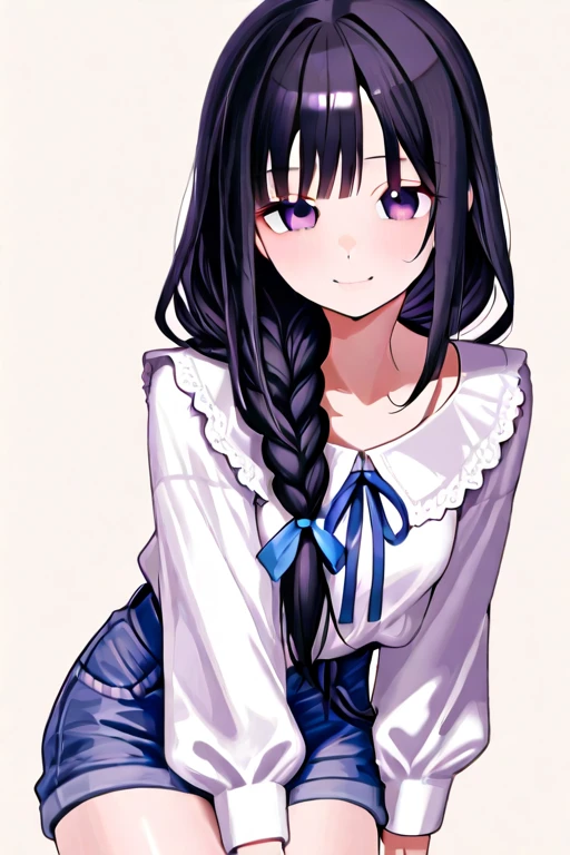 Elementary school girl, 8 years old, toddler Flat chest, black hair, long hair, purple eyes Embarrassed look (One person) White large short-sleeved T-shirt on the upper body Navy blue denim mini skirt White panties Lifting up her skirt((I can see her panties)) barefoot Girl's Room Are standing Dynamic Angle Low - Angle