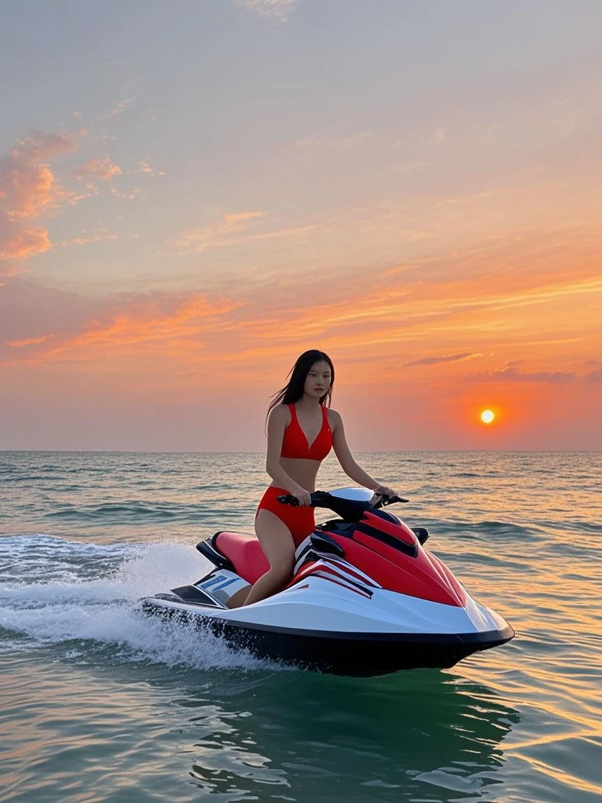 2 women sharing a jet skii, on the water, big breasts, one woman with long straight brown hair