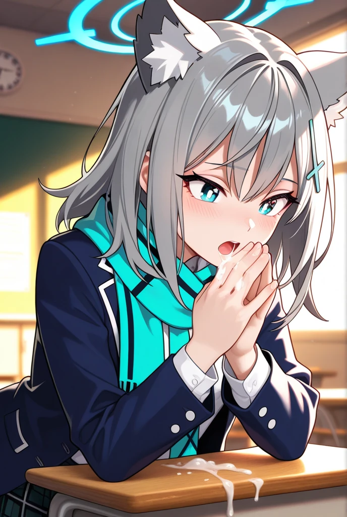 1girl in, masutepiece, Best Quality,selfee,Troubled face,Nikkeadomi, Standing, Solo, Pleated skirt, white longcoat, Plaid, Hair Ornament, bowtie, Sweater Vest, blush, White jacket, grey sweater, yellow bowtie, Small breasts, backpack, White socks, Long sleeves,((solo girl)),nsfw,(POV),pressing lips together,kissing mouth,sweaty saliva,front view,lustrous lips,face up,((half Open eyes)),have a runny nose,Sweaty and blushing body, open arms forward,hug,open mouth,tongue out,love hotel room background, saliva, sweat,pov, Looking at Viewer,saliva, sweat,incoming hug, incoming kiss,(open arms),Sweaty body,