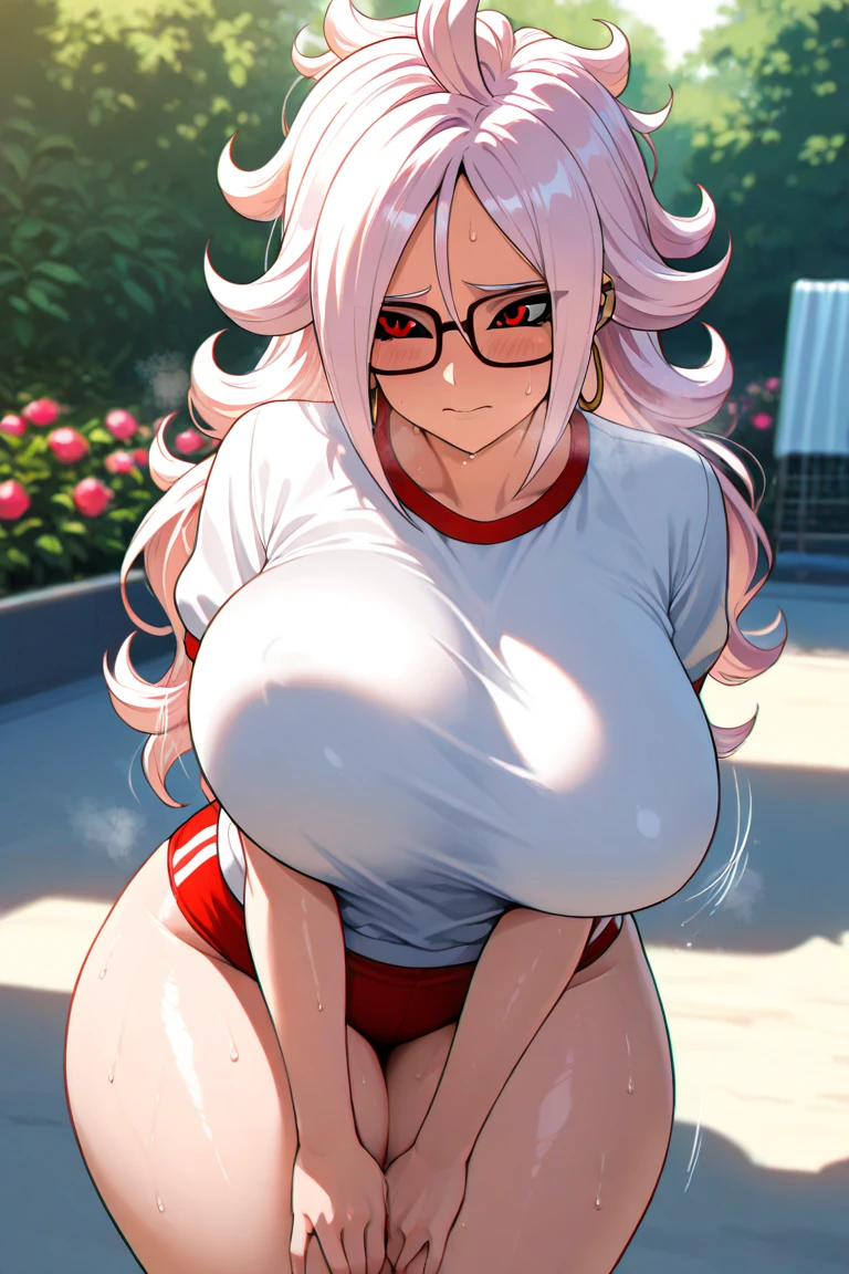 Short white hair wolf girl with red eyes and busty glasses with big thighs completely naked without any clothes in a garden