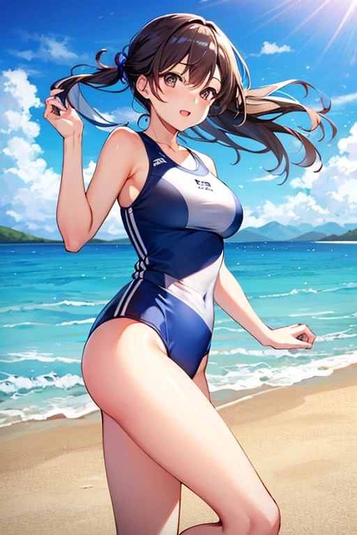 One piece type competitive swimsuit Brown hair ponytail Great style blush smile Standing facing forward Up to the knee