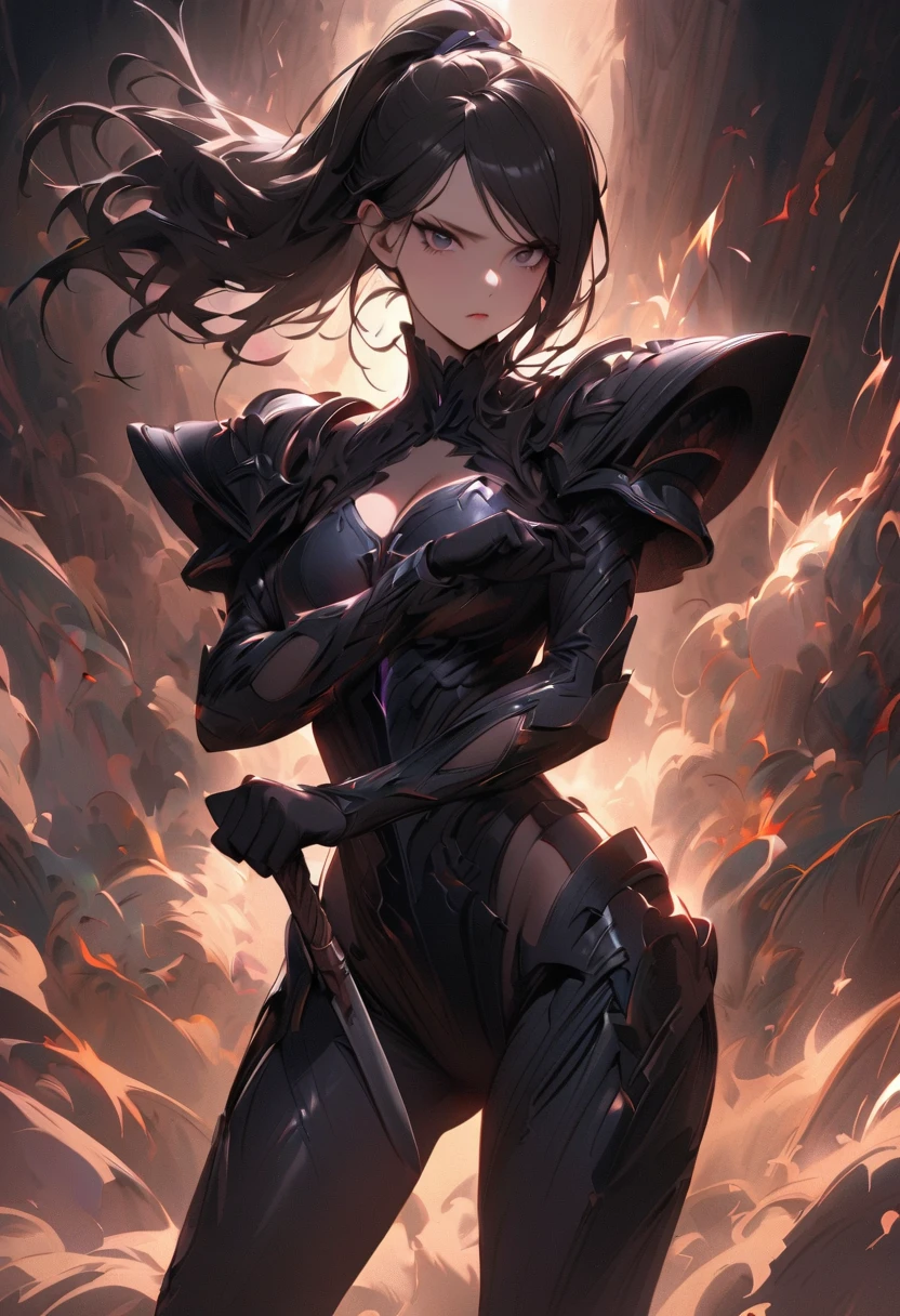 A slender female dragon knight in battle-worn, (((jet-black))) dragon-scale armor,revealing a sweat-drenched face smeared with mud. She exhales deeply, her lance stained with battle, standing under the soft moonlight, exhaustion and determination mixed in her eyes.