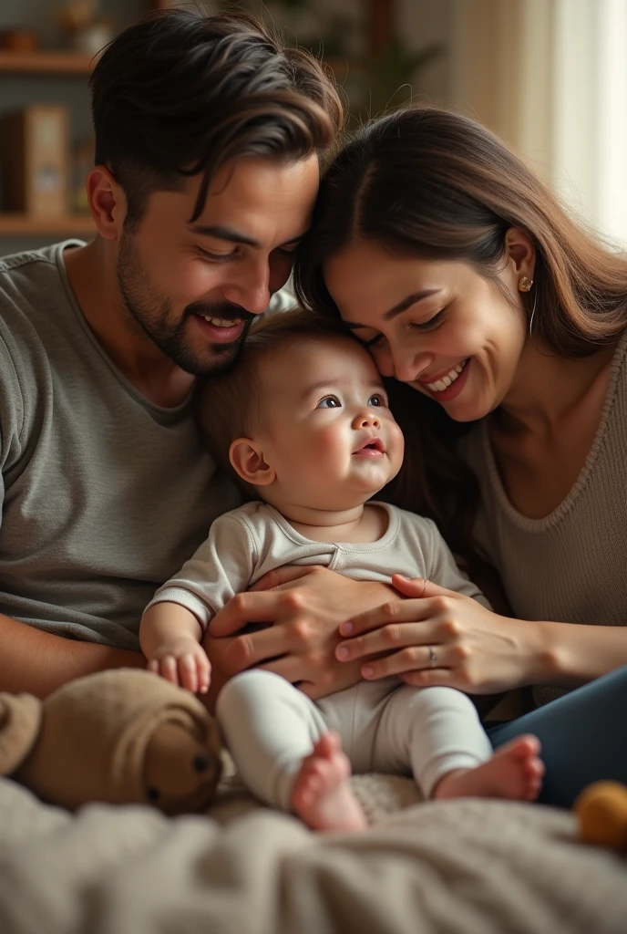 Baby with his family, dad and mom
Baby's clothes are colorful and designed
Light brown complexion
