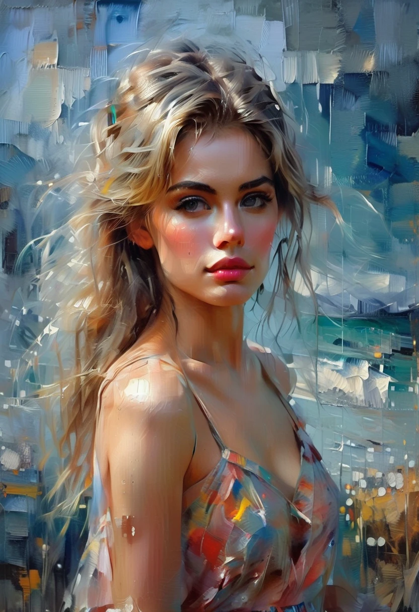 Masterpiece cinematic photo, photograph cinematic photo a russian beauty ,big blue eyes, blonde, ultra detailed, ultra sharp, ((best quality, симметрия)), ((masterpiece)), Stands on the embankment of Moscow. cityscape background, photograph, film, bokeh, professional, 16k , oil painting,