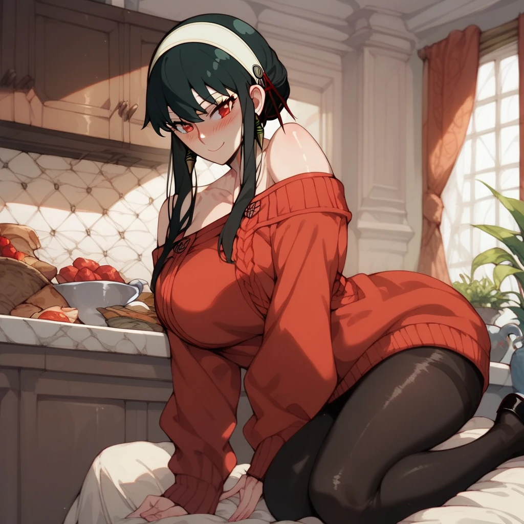 FriedrichA woman, with black hair, red horns, yellow eyes, wearing a maid costume in a kitchen
