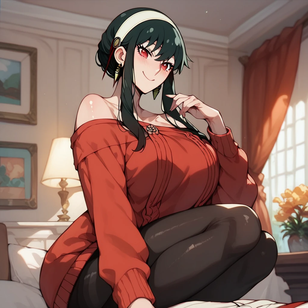 _asura style, 1girl, yor_briar, black_hair, red_eyes, breasts, thighhighs, sweater, looking_at_viewer, red_sweater, solo, blush, long_hair, sweater_dress, smile, off-shoulder_sweater, hairband, large_breasts, open_mouth, off_shoulder, indoors, bangs, dress, white_hairband, bare_shoulders, black_thighhighs, blurry_background, blurry, :d, long_sleeves, collarbone, pov, thighs, sidelocks, zettai_ryouiki