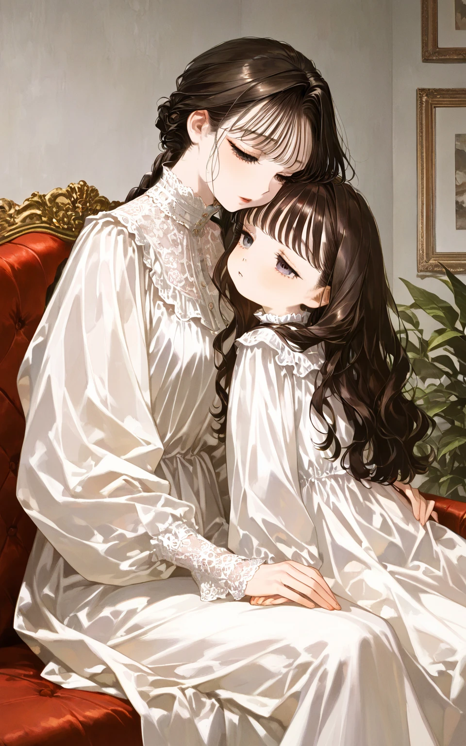 ((Finest quality)),(超A high resolution),(ultra-detailliert),(Meticulous portrayal),((Best CG)),(Finest works of art),Ultra-Precision Art,The art of astounding depiction, Mother and daughter,Paternity,stare at each other:1.5,a smile