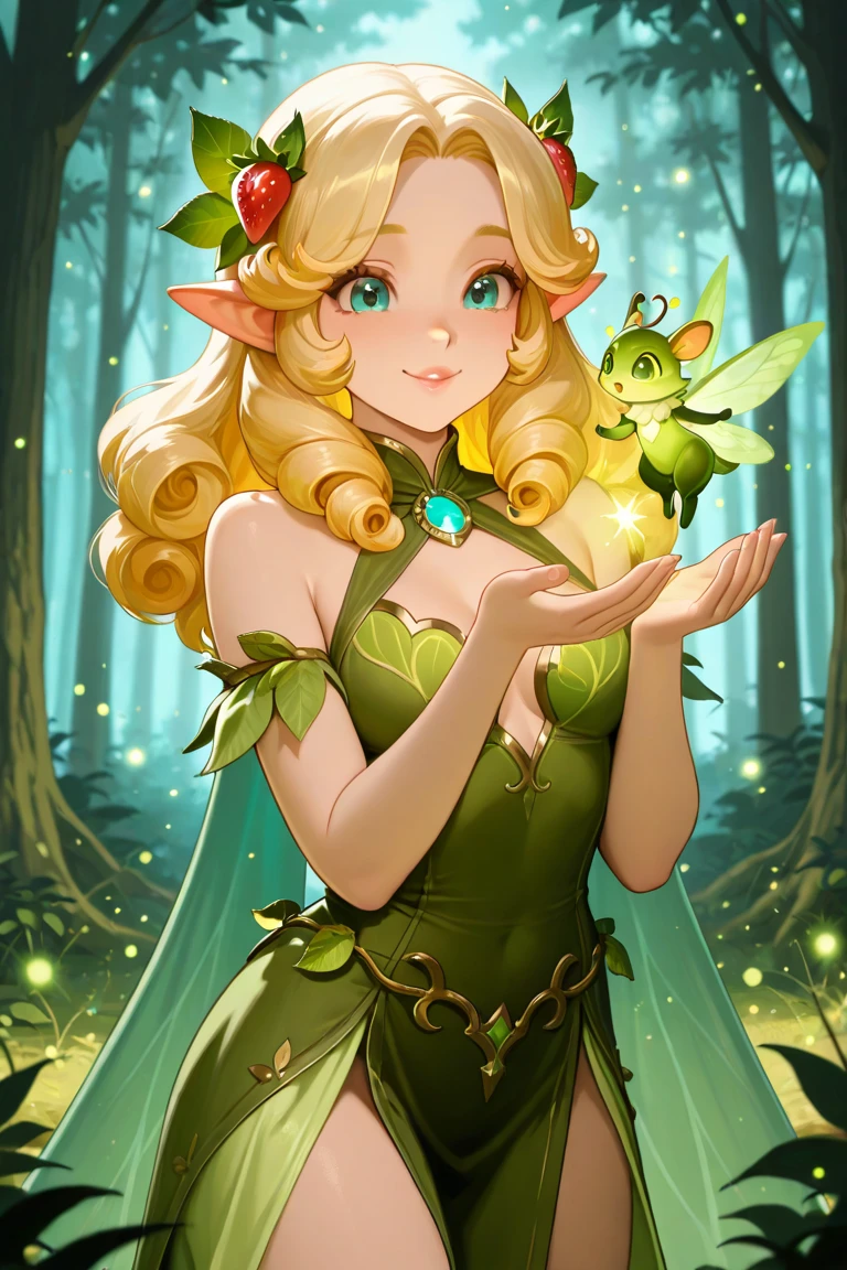 masterpiece, best quality,   ShamrockWorld, 1girl, solo, long hair, looking at viewer, smile, blue eyes, skirt, blonde hair, thighhighs, long sleeves, hat, dress, bow, holding, medium breasts, very long hair, standing, jacket, cowboy shot, parted lips, wings, pointy ears, artist name, signature, bowtie, grin, white thighhighs, leotard, lips, eyelashes, corset, green bow, contrapposto, green dress, top hat, adjusting clothes, nose, green headwear, hand on headwear, fairy wings, fairy, adjusting headwear, showgirl skirt, green bowtie, yellow wings   ,<lora:ShamrockWorld_IXL:1.0>,