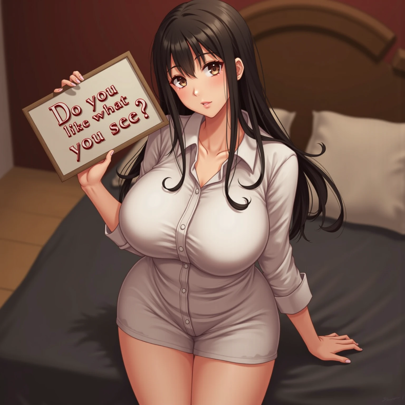 perfect anatomy, masterpiece:1.2, best quality, 8k, beautiful detailed grow, daydreaming expression, sit down on bed, (solo straight black hair beauty femdom girl, 17 yo, ((fat-body bigboobs round face)), detailed red eyes, sexy smile, in a robe.