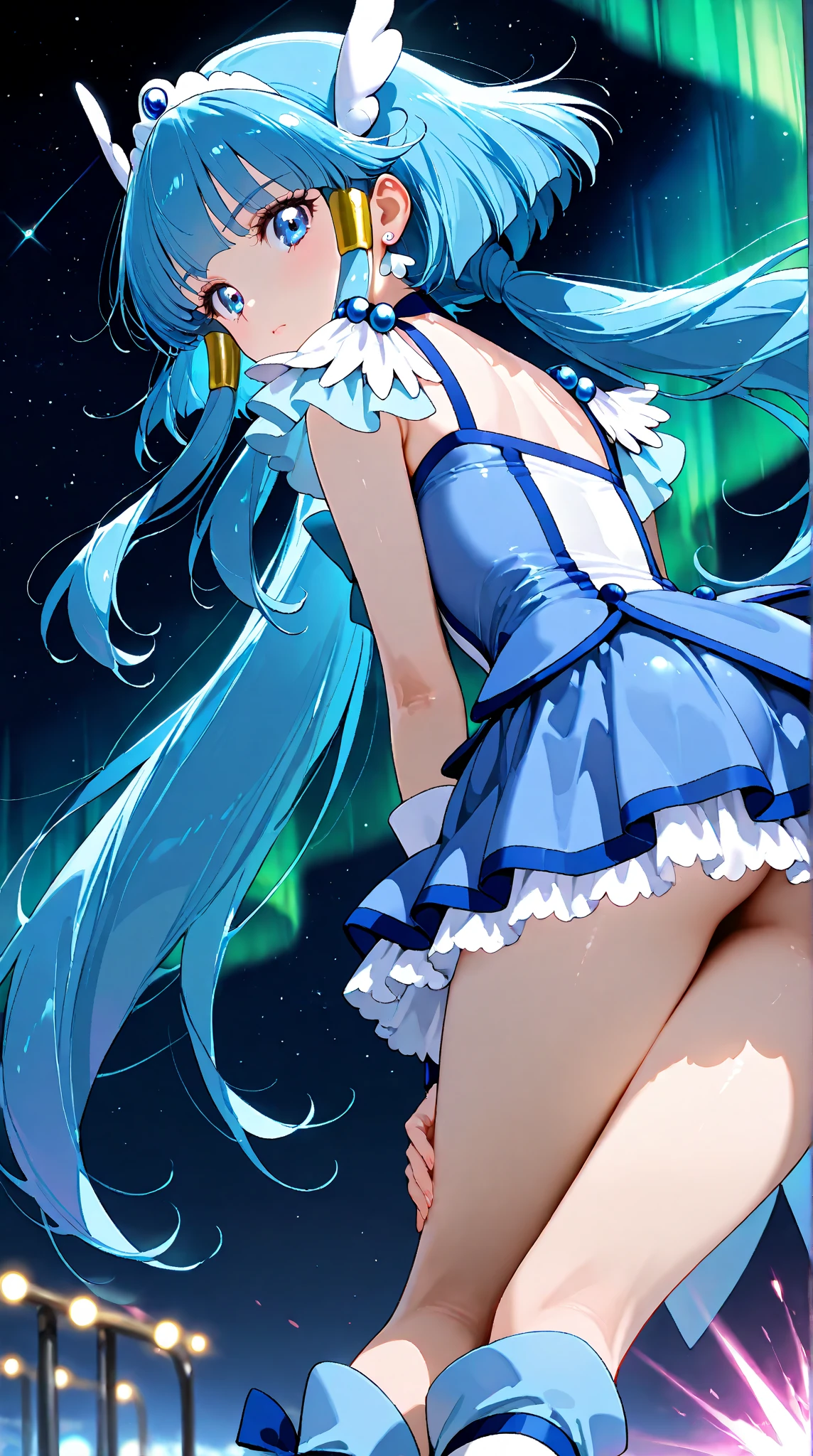 Super Idol　a beauty girl　A charming smile　sky blue hair　length hair　Twin-tailed　Bright white and green bright sexy ruffled leotard outfit　Fantasia　constellation　a moon　Crystal Brilliance　Aurora Borealis in the Night Sky