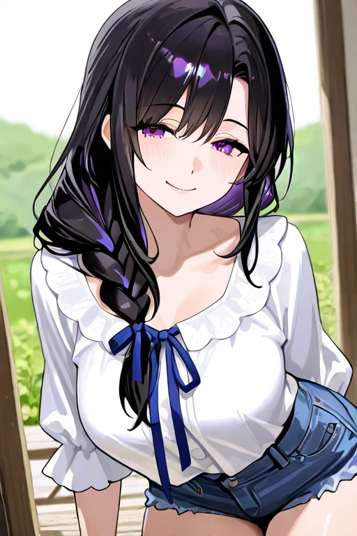(Tabletop.Highest quality).(Dynamic Angle). (CG paintings with attention to detail),(Perfect Image)、Comic Strip.shape.1 Girl.Detailed face、Perfect Face.Delicate face、((Beautiful Eyes)).繊細でBeautiful Eyes、Beautiful Eyes、Reflective Eyes、(Face is a little red:0.8)、8k wallpaper、Cowboy Shot、reflected light、Most detailed、Complex、((Delicate sea background、season summer))、Fine skin、(Super Resolution)、(large breasts), nose blush, sweat, distant, long hair, bangs, (purple eyes:1.1), purple hair, sidelocks, blunt bangs, half updo,